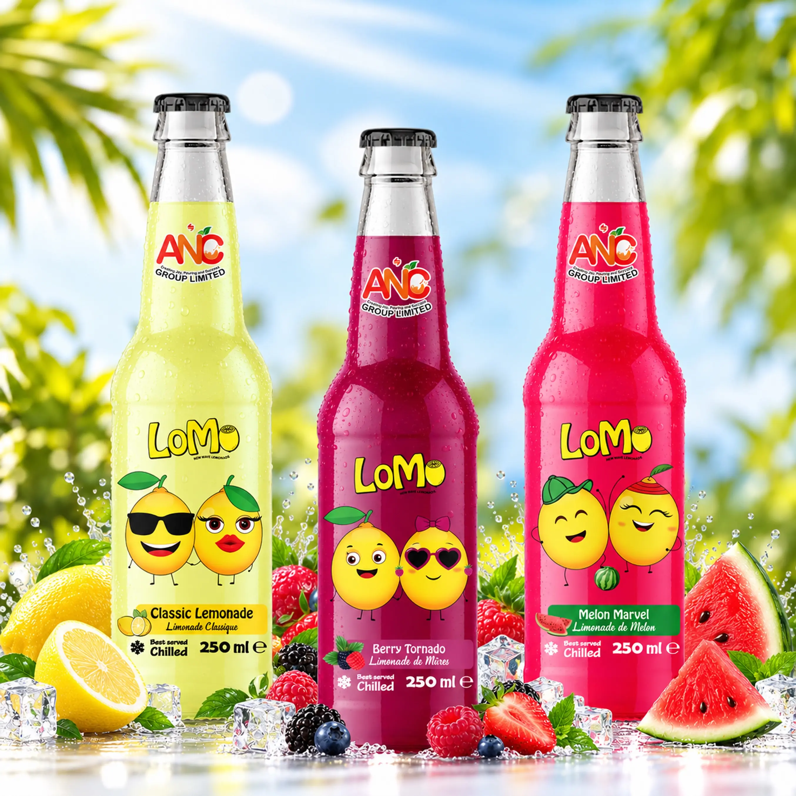 LoMo 250 mL glass bottles featuring Tropical Splash, Classic Lemonade, Berry Tornado, Melon Marvel and Strawberry Passion flavours with fresh fruit and ice.